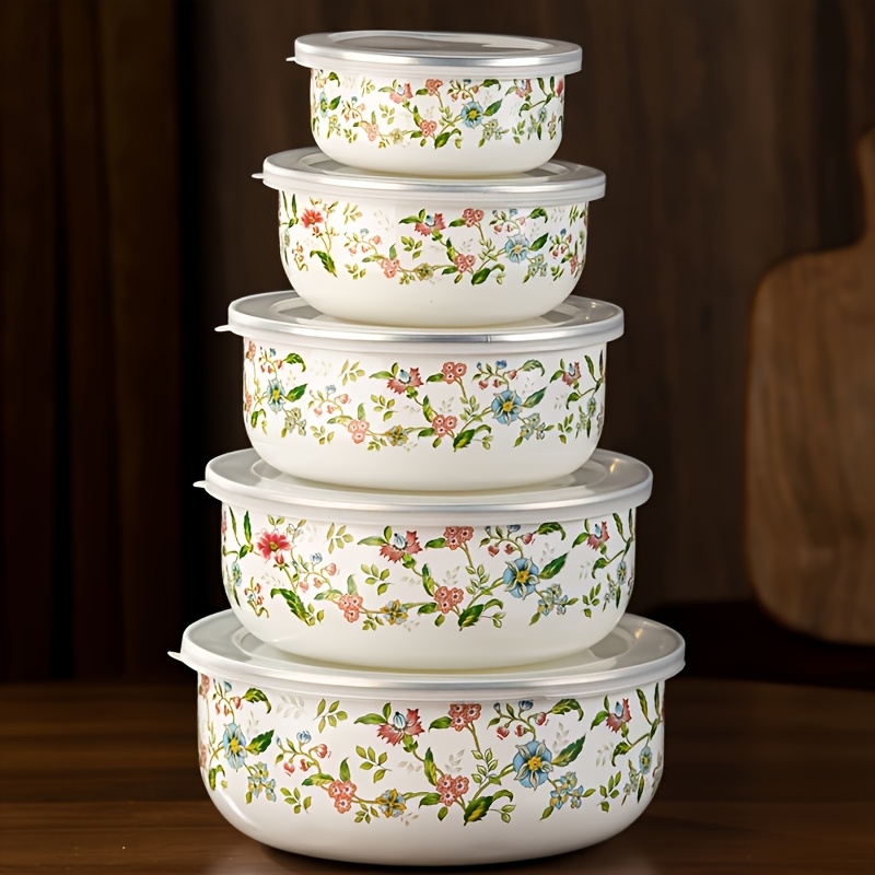TEMU 5pcs Enamel Storage Bowls With Airtight Lids, Vintage Floral Nesting Bowls Set For Refrigerator Meal Prep Salad Fruit