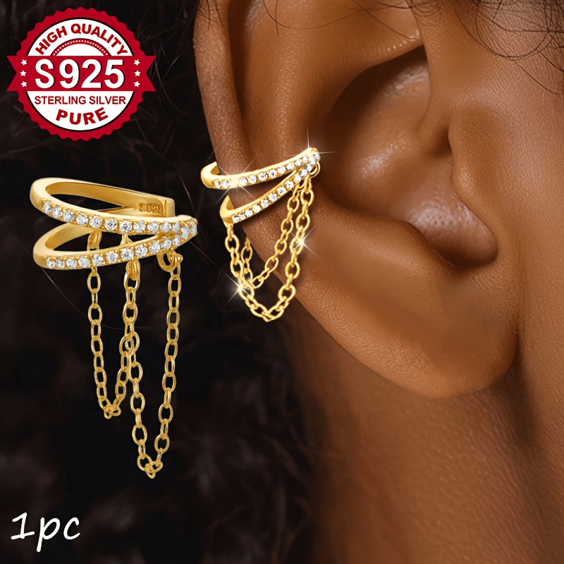 Women's S925 Silver Double-Layer Synthetic Zirconia Tassel Chain Ear Clips