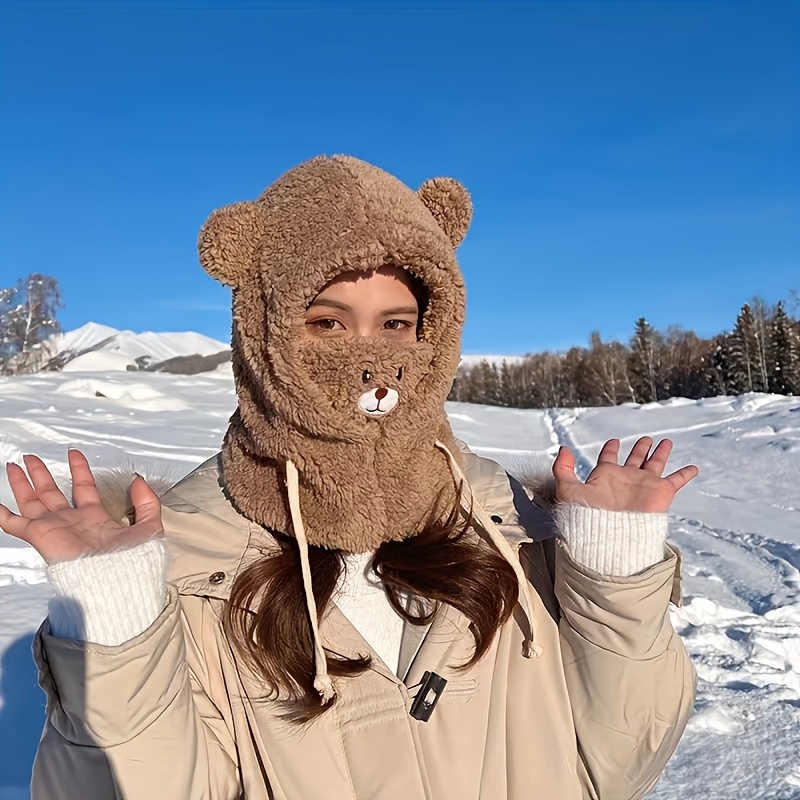 

Cozy Knit Balaclava With Bear Ears - Women's Winter Hooded Scarf & Shawl Set, Warm Plush Lining, Fit For Valentine's Day