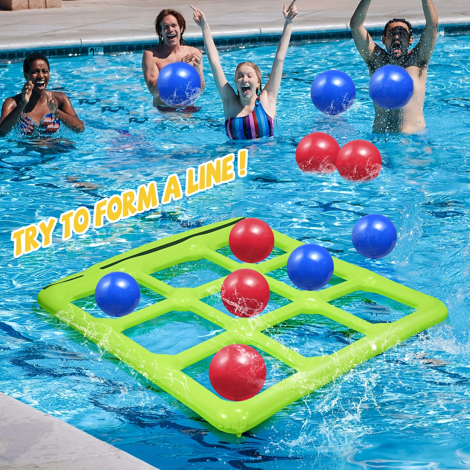 Pool Toys Games Set - Tic-Tac-Toe Inflatable Pool Toy with 10 Balls - 2-10 Players