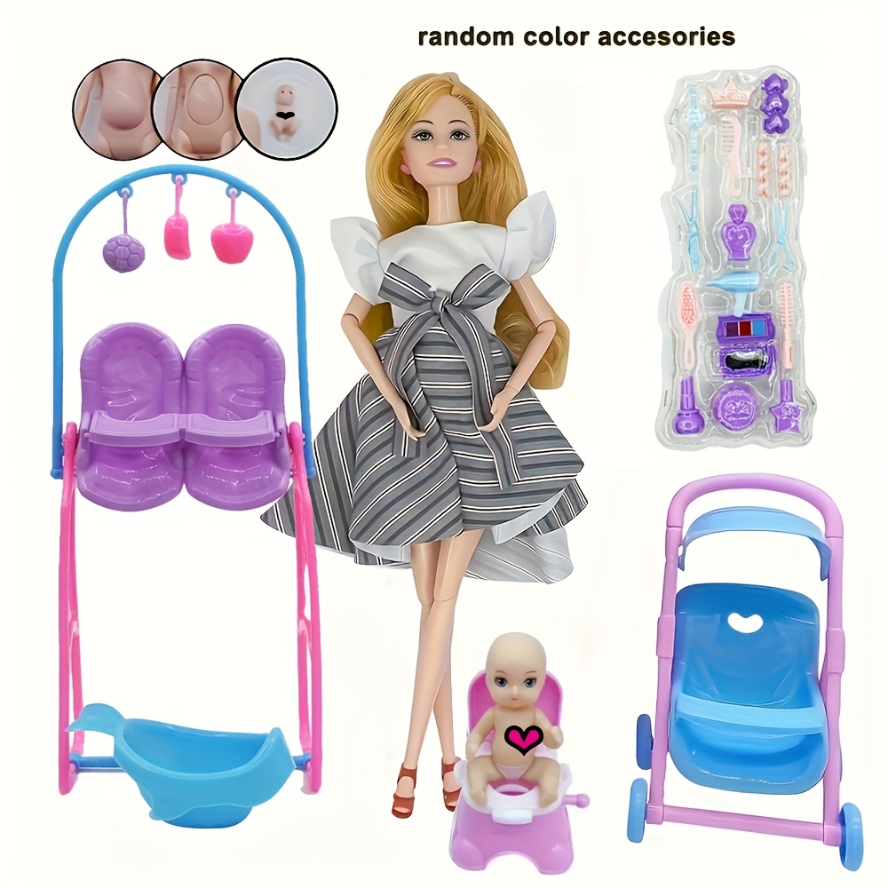 Image of Stylish Pregnant Mom Belly Educational Toy Set Stroller Seat Doll With Accessories Playhouse Birthday Christmas Gif Party Favor Packs (random Color Accessories)