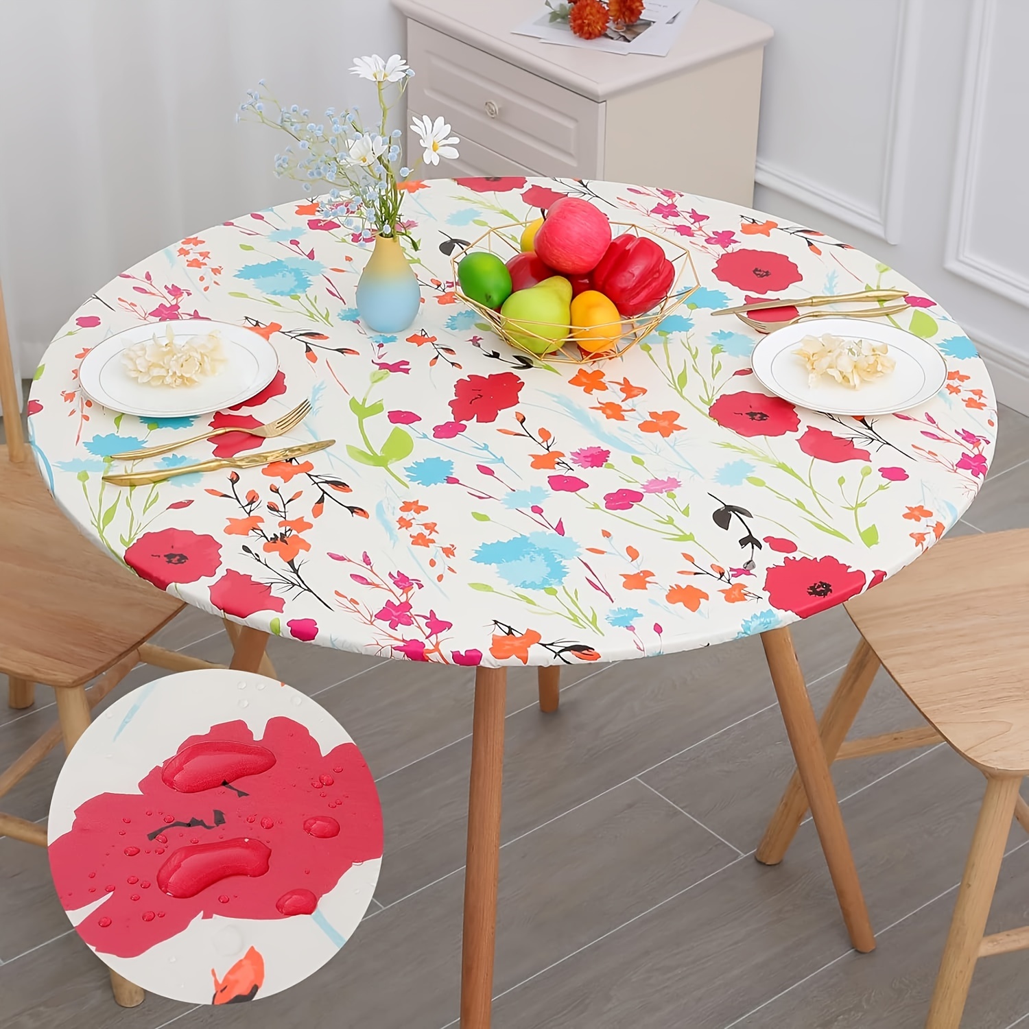 

1pc, Table Cover, Round Floral Print Vinyl Fitted Tablecloth With Elastic Edge, Waterproof & Oil-resistant Plastic Table Cover, Vinyl Flannel Backed Tablecloth For Dining, Outdoor, Picnic