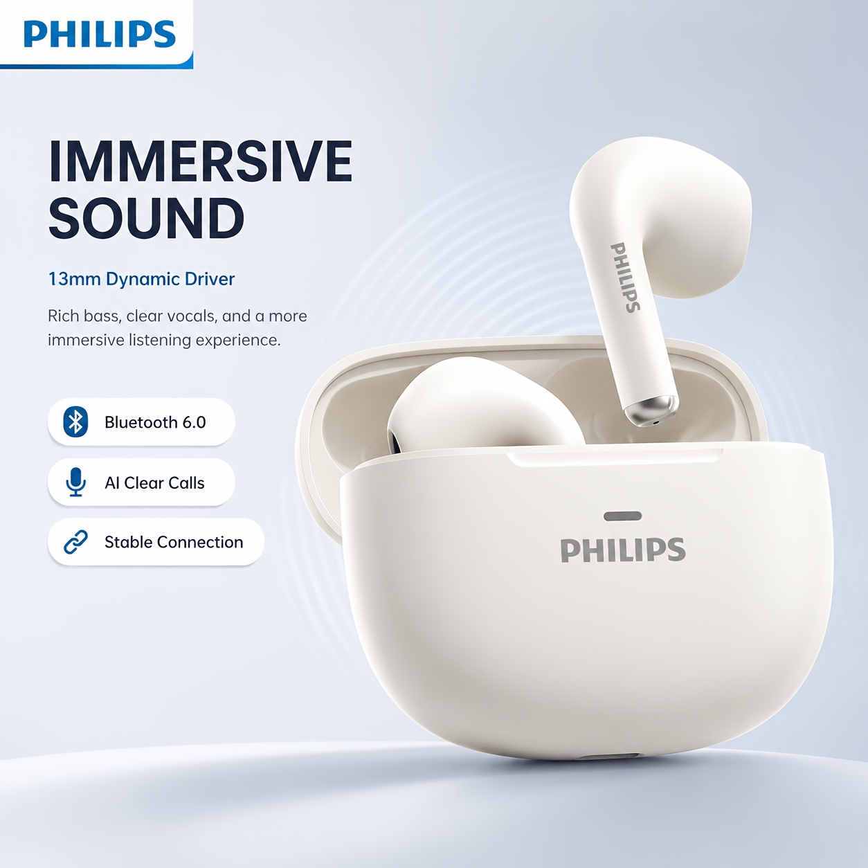 Philips 2026 New TAT1040 True Wireless Earbuds, Wireless 6.0 Half-In-Ear Headphones with AI Call Noise Cancelling, 13Mm Bass Drivers, 11H Total Playtime, Lightweight Comfort Earphones for Sports Music Work