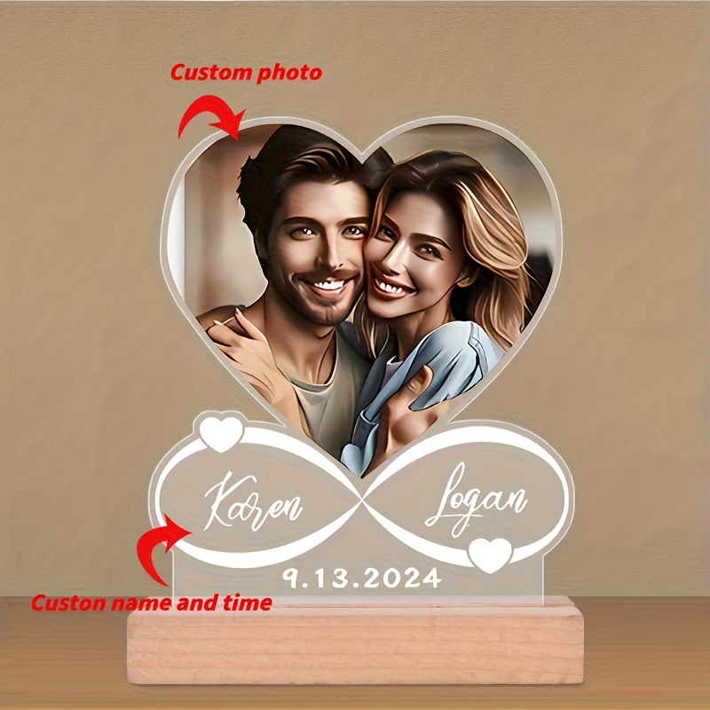 TEMU 2d Flat, Customized Acrylic Photo Frame Anniversary Souvenir With Wooden Stand, Heart-shaped Decoration, Customized Name And Date, Valentine's