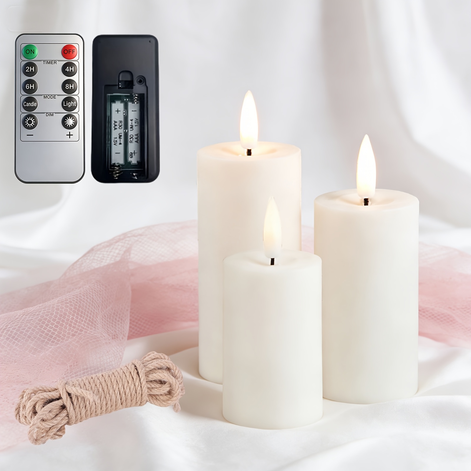 TEMU Lot de 3 bougies flamme LED à effet de flamme, alimentées par piles, avec télécommande et minuterie, décoration en chanvre (piles non incluses).