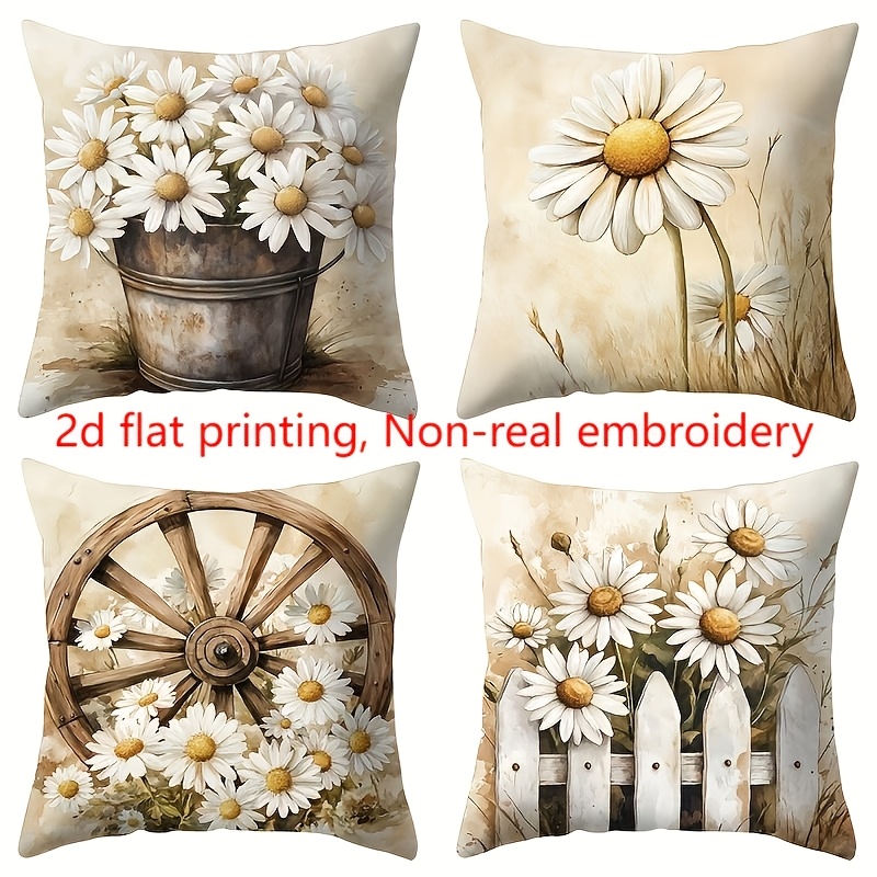 TEMU 4pcs, Spring-themed Pillowcase, Farmhouse And Daisy Flower Pattern, Warm And Comfortable, Beautiful And Practical, 17.72 Inches X 17.72 Inches,