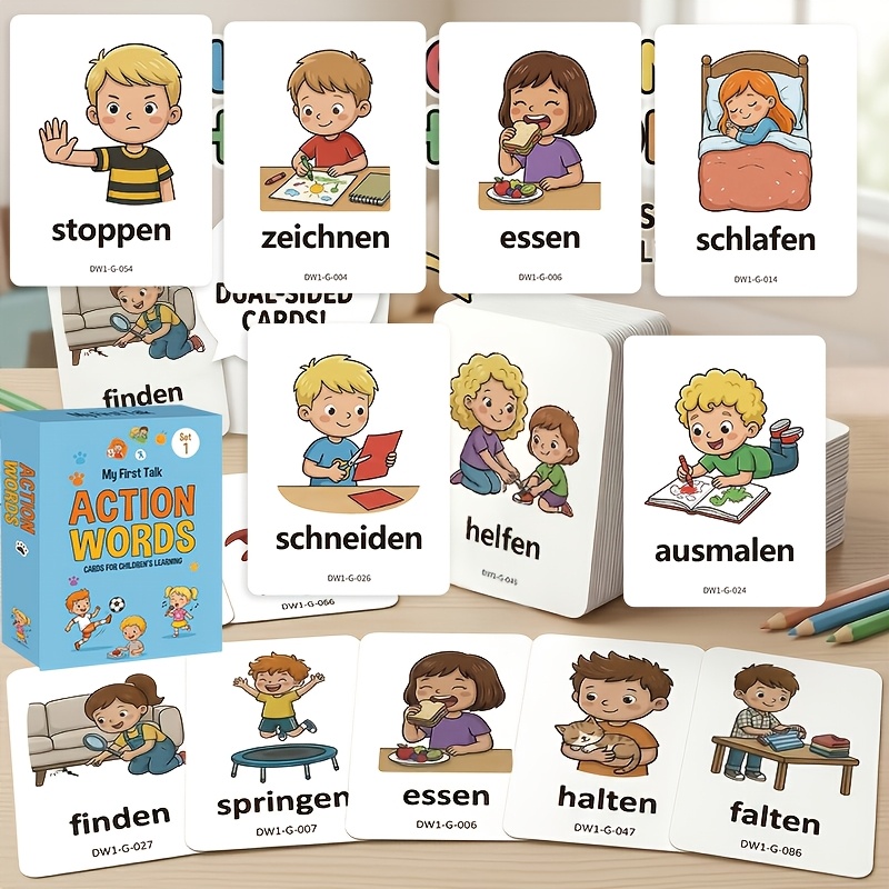 TEMU Cute German Action Words Flash Cards For Kids! 100 Unique Actions On 50 Durable Cards. Boost Early Vocabulary With Illustrations And Round