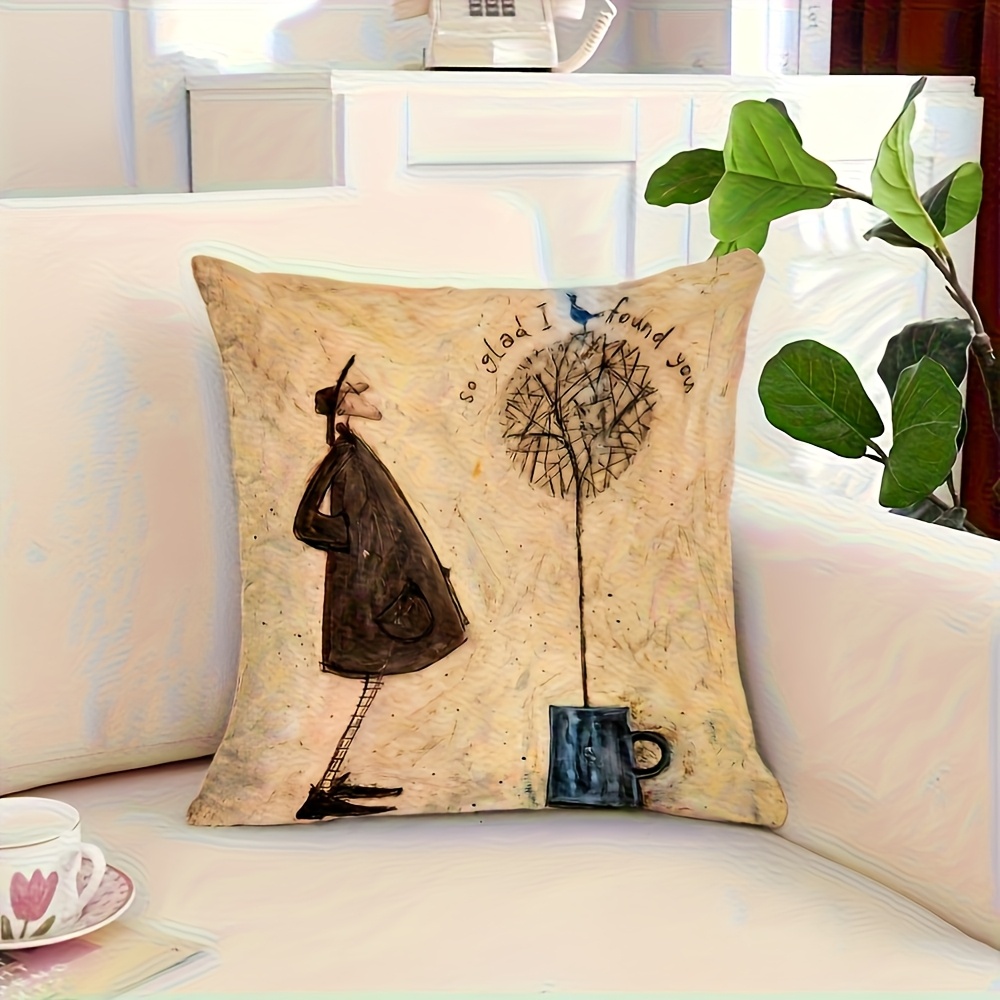 TEMU 1pc Vintage Industrial Beige Decorative Cushion Cover - Beige Brown Contemporary Zippered Machine-washable Polyester Pillow Case Suitable For