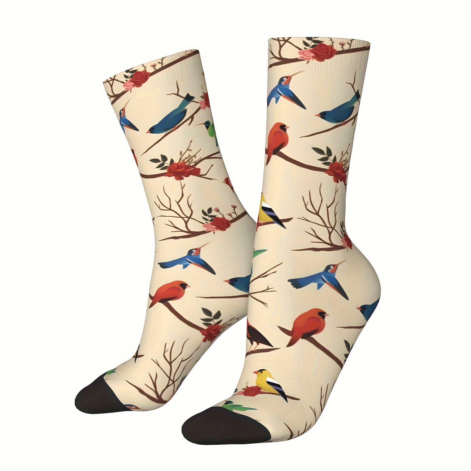 

1 Pair Men' Bird Pattern Socks – Fun Style Novelty Crew Socks With Vibrant Parrot & Foliage Design, Knee-high For Support, Perfect Gift For Boys Or Men, Cute Socks