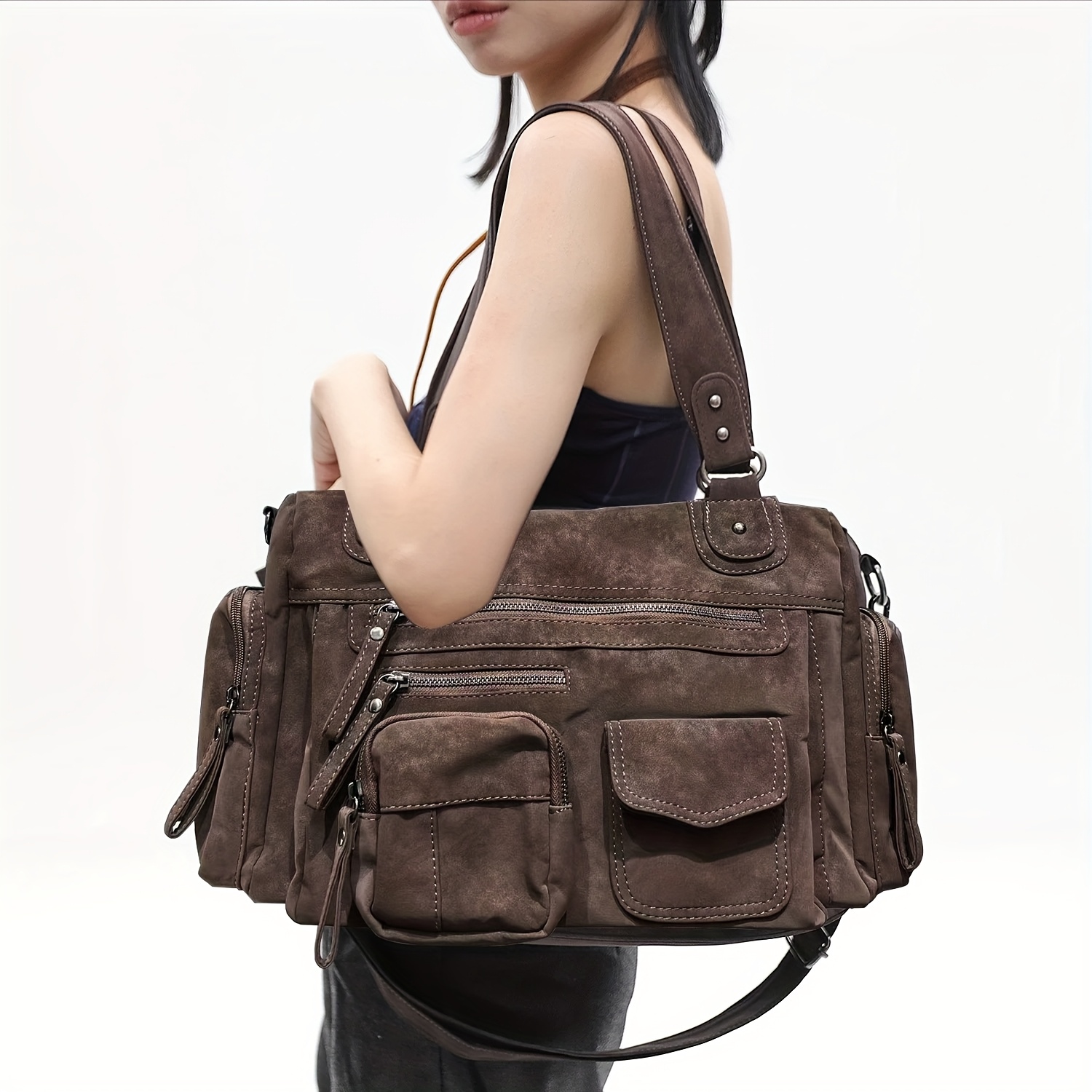 Image of Ladies' Y2k Spicy Motorcycle Bag, Street Style, Style Frosted Suede Pu Handbag - , Suitable For Work, Commuting, Dating, Parties, Large Capacity Multi Pocket Shoulder Bag