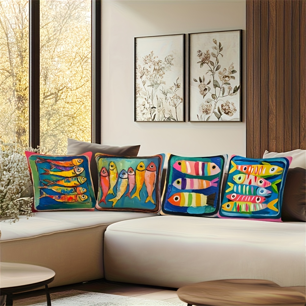 4pcs vibrant ocean themed pillow covers double sided print plush polyester machine washable with zipper closure ideal for car farmhouse bedroom living room sofa decor sofa pillow covers vintage style decor machine washable cover Product details 4