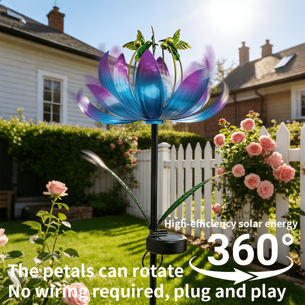 TEMU Solar Wind Spinner Outdoor Metal - Kinetic For Lotus Flower Garden Sculptures & Spinners With Crackle Glass Lighting, 6 Color-changing Lighting