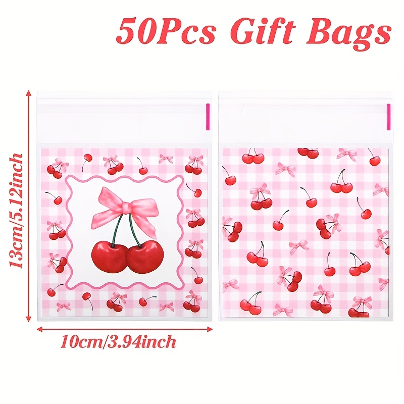 E-shop 50/100 Stück, selbstversiegelnde Beutel mit rosa Kirschschleife, 13*10cm, karierte Kunststoff-Verpackungsbeutel mit rosa Schleifen-Themenparty,