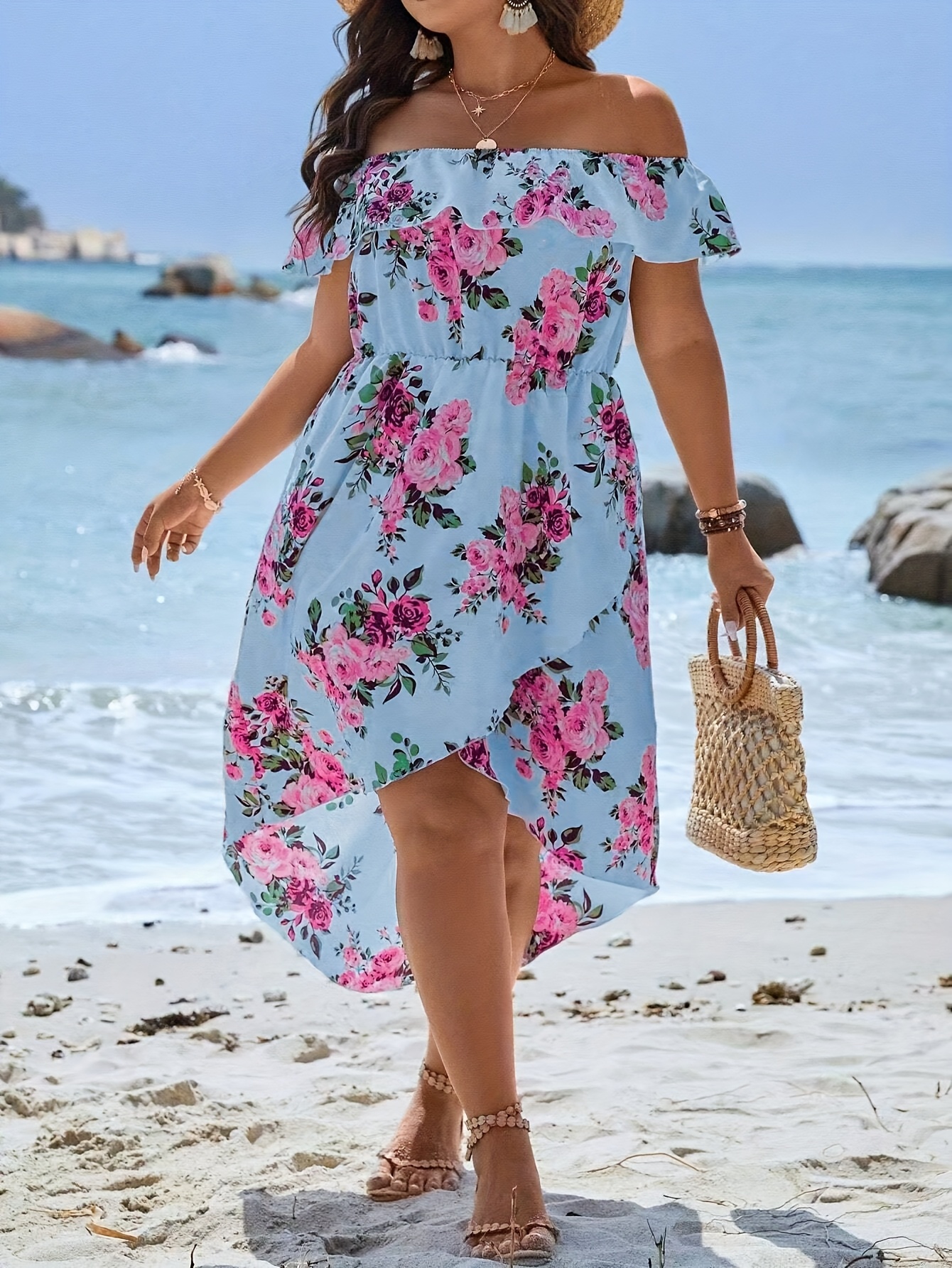 Plus Size Off-Shoulder Floral Beach Dress Light Blue with Short Sleeve,  Dipped Hem, Polyester, Elegant Summer Dress for Beach, Beach C