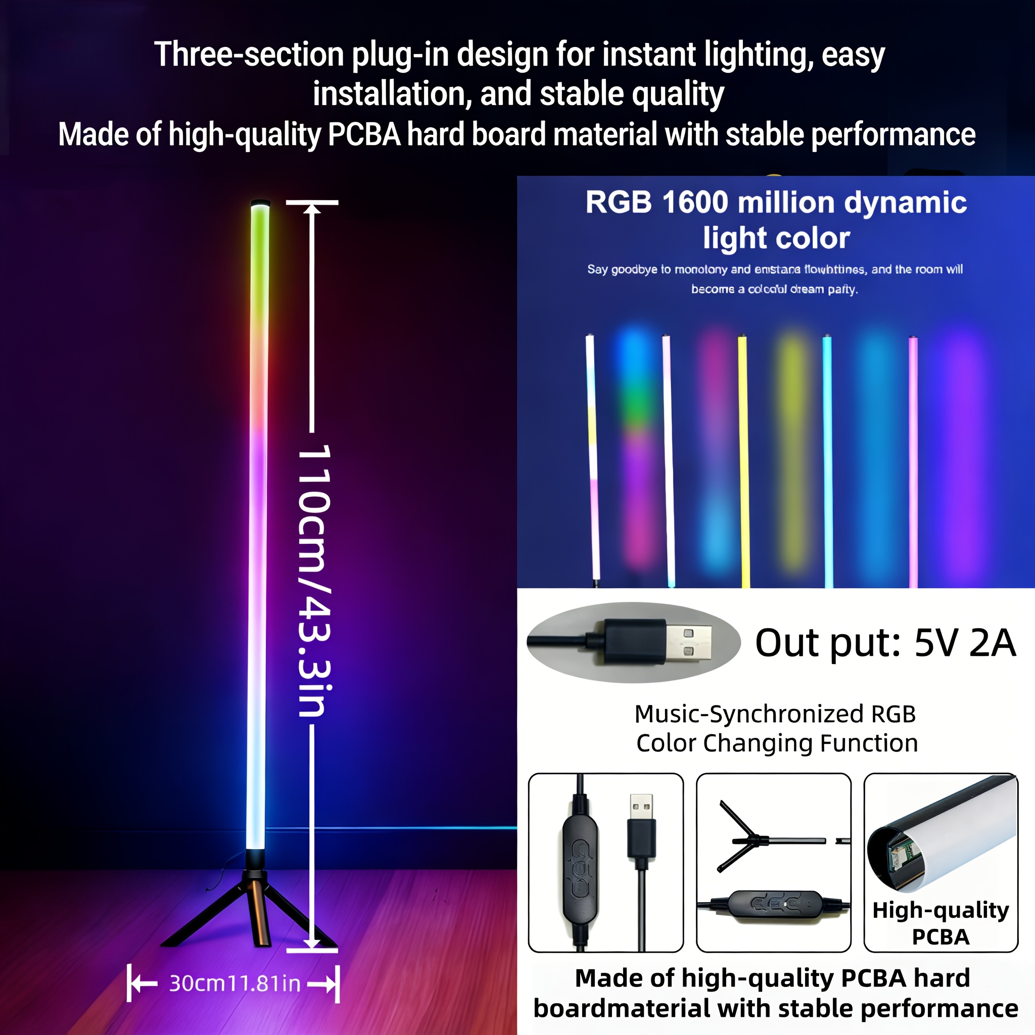 Image of Smart Rgb Corner Floor Lamp With Music Sync, Usb Charging Port, Led Light Board, Modern Decor For Living Room, Computer Additions, Ideal Christmas Halloween Gift