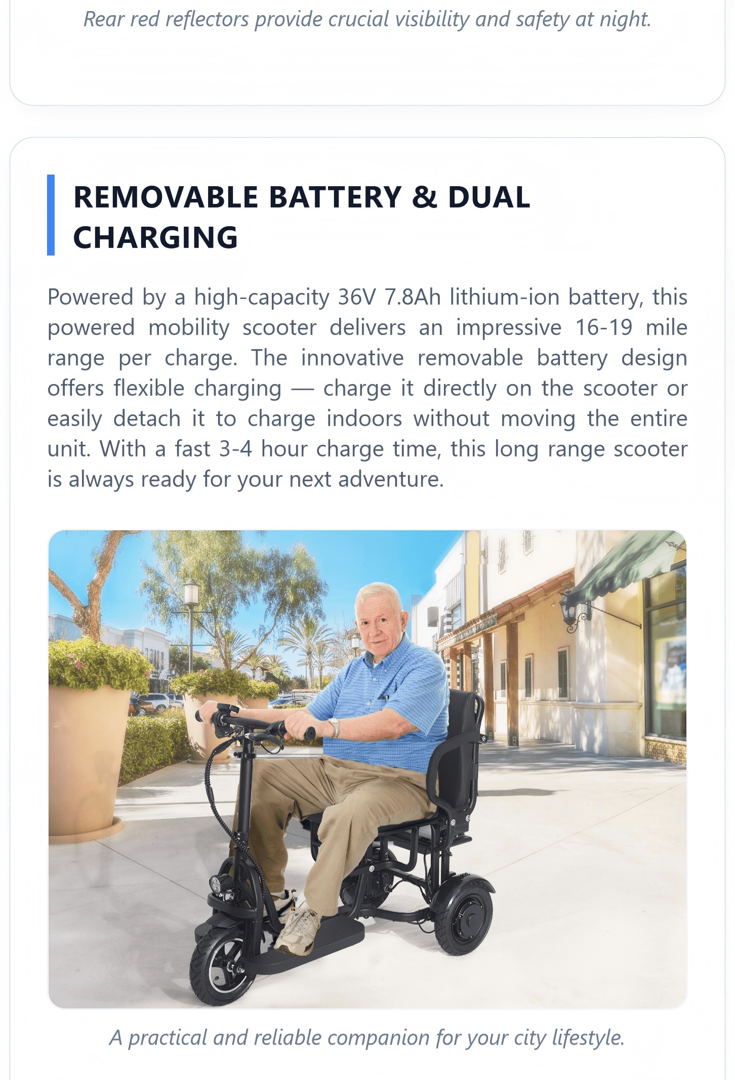 3 wheel electric scooter for seniors, 500w dual motor lightweight folding mobility trike, 300 lbs capacity, airline approved removable battery for travel Product details 4