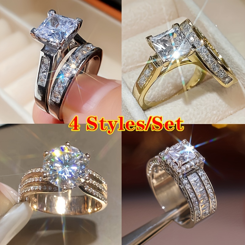 

4 Styles/set Radiant Dazzling Halo Square Cut Zirconia Gem Ring -timelesselegance For Weddings, Engagements & Promises - Perfect Daily Chicjewelry For Women & Girls -romantic Valentines Day Gift