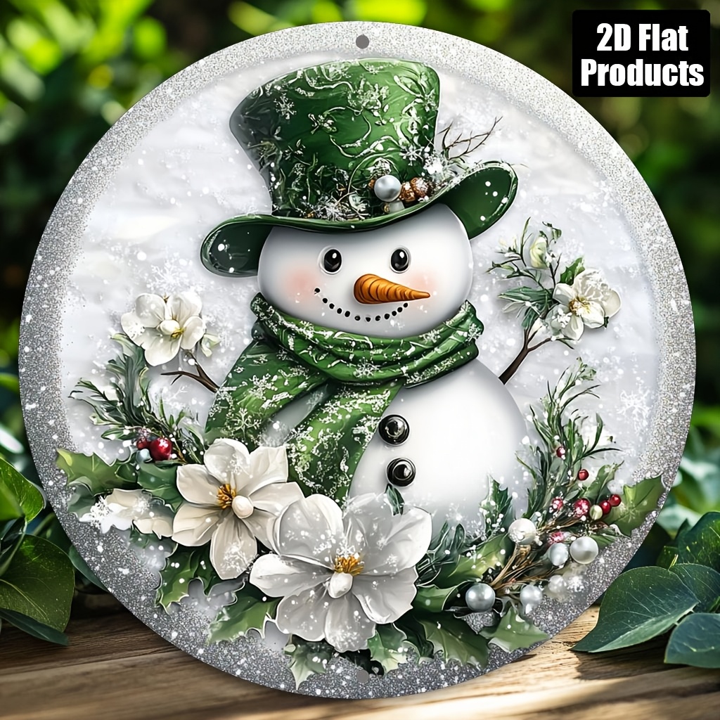 TEMU 2D Plat, 2D Plat - 1pc Panneau Mural Métallique Rond Vintage de Neige - 20,32x20,32cm, Décoration Festive avec et Écharpe, Parfait , , et de