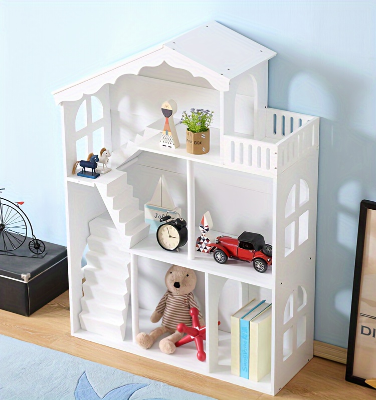 Wooden 3-Tier Doll House Bookshelf, White Kids Toys Storage Organizer, All-Season Playroom Nursery Shelves, Ideal Gift for Ages 3-8, Boys & Girls Bedroom Decor