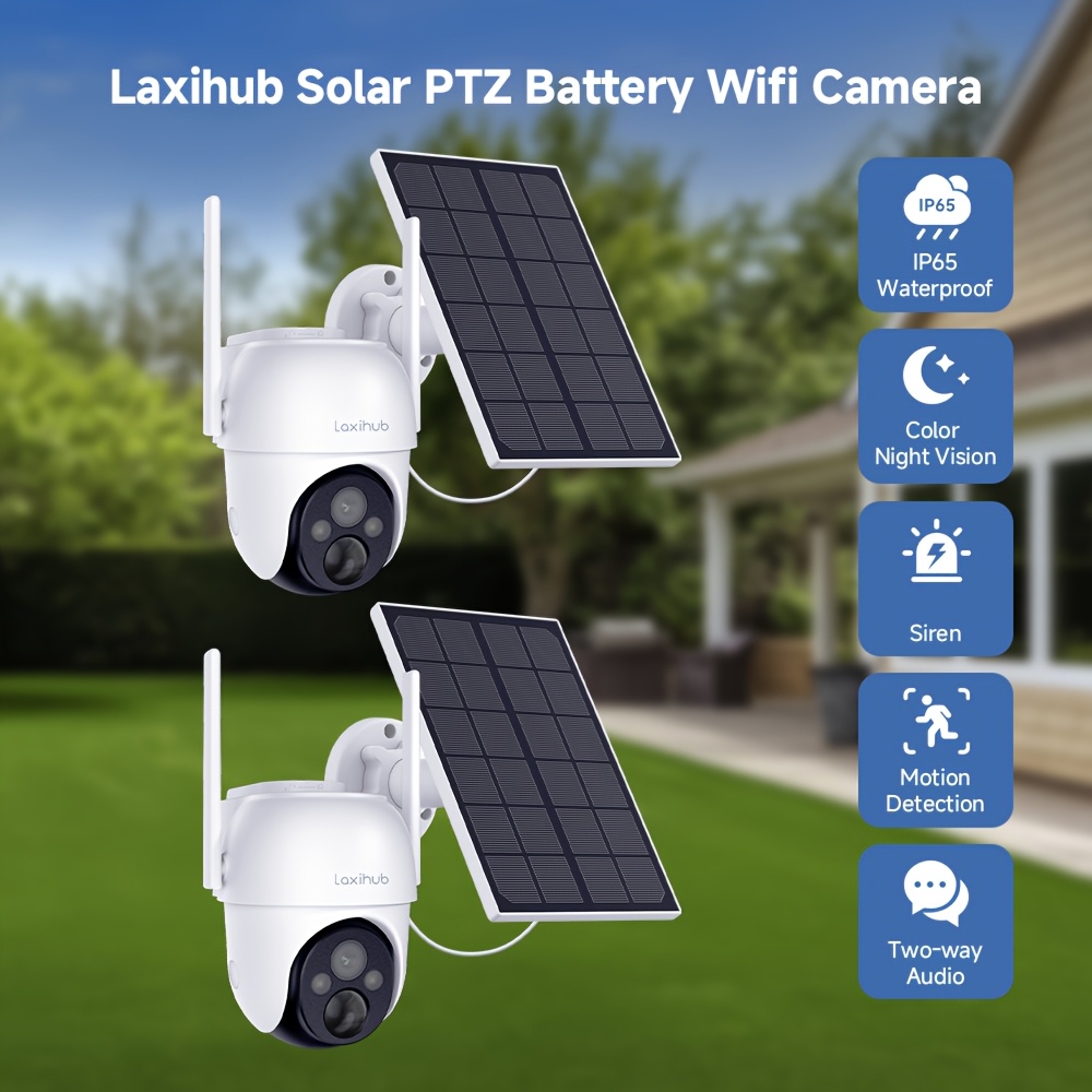 TEMU Laxihub 2pcs Wireless Security Cameras 1296p Fhd Night Vision With Spotlight Solar-powered Outdoor Cameras Pir Human Detection 2-way Audio,