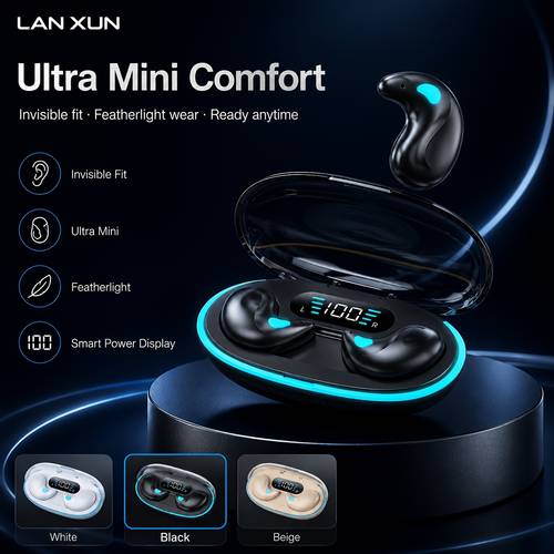 item picture invisible sleep headphones compact wireless mini earphones for side sleepers travelers and audiobook fans with a 1 profile ergonomic earbuds digital battery display type c charging case fast pairing and dual ear use