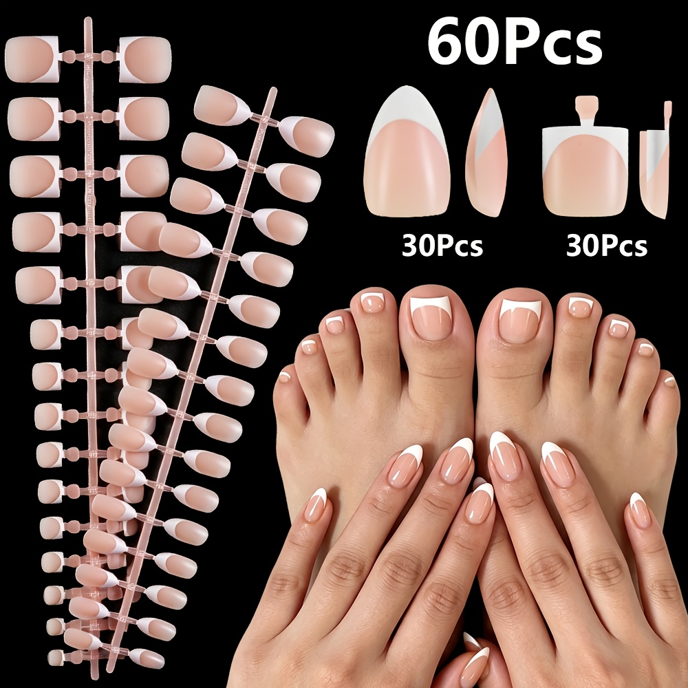 TEMU Kit de manucure et pédicure de 60 pièces style français mat, 30 faux ongles courts d' pour les doigts, 30 faux ongles courts à bout pour les