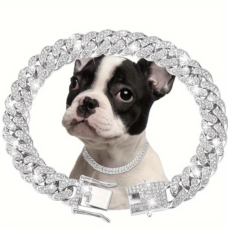 

1 Pcs Silver Dog Chain Collar Diamond Cuban Chain Dog Collar 13mm Wide Dog Necklace Metal Cat Chain Pet Crystal Collar Jewelry Accessories For Small Medium Large Dogs And Cats