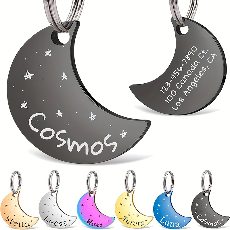 

Custom Engraved Dog Tags, Stainless Steel Moon-shaped Pet Id Tags, Personalized Cat Tags With Double-sided Engraving, Starry Sky Theme Pet Name Tags For Dogs & Cats, Anti-lost Identification For Pets