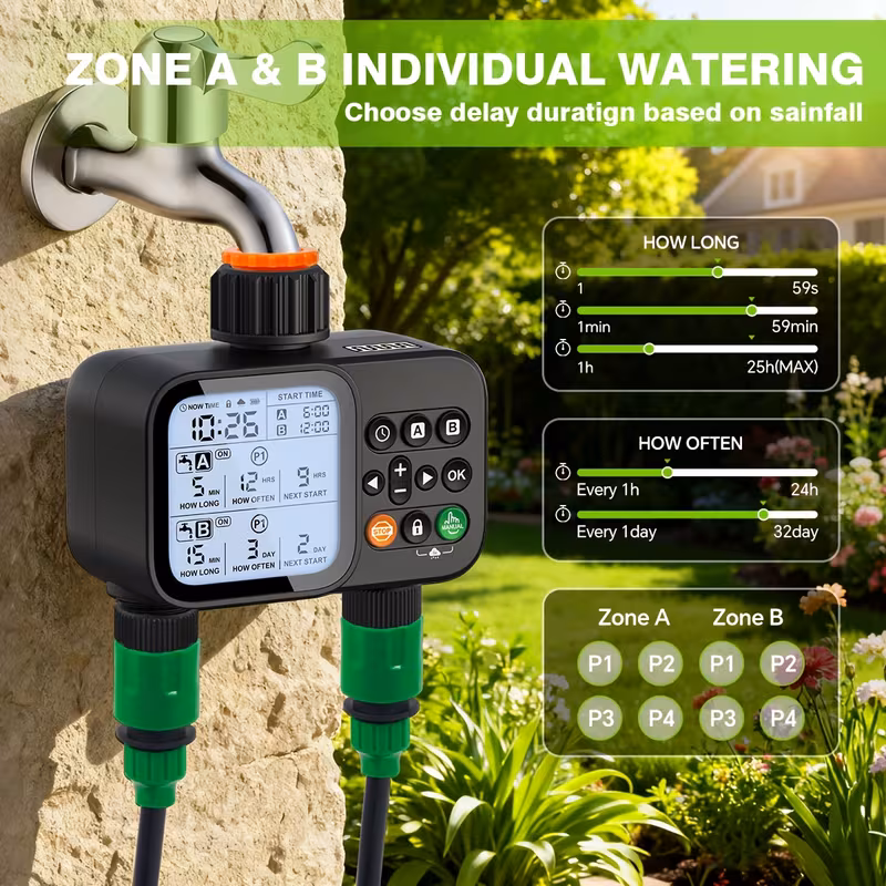 timer for garden hose 2 zone sprinkler timer with rain delay manual watering automatic irrigation for yard lawn Product details 3