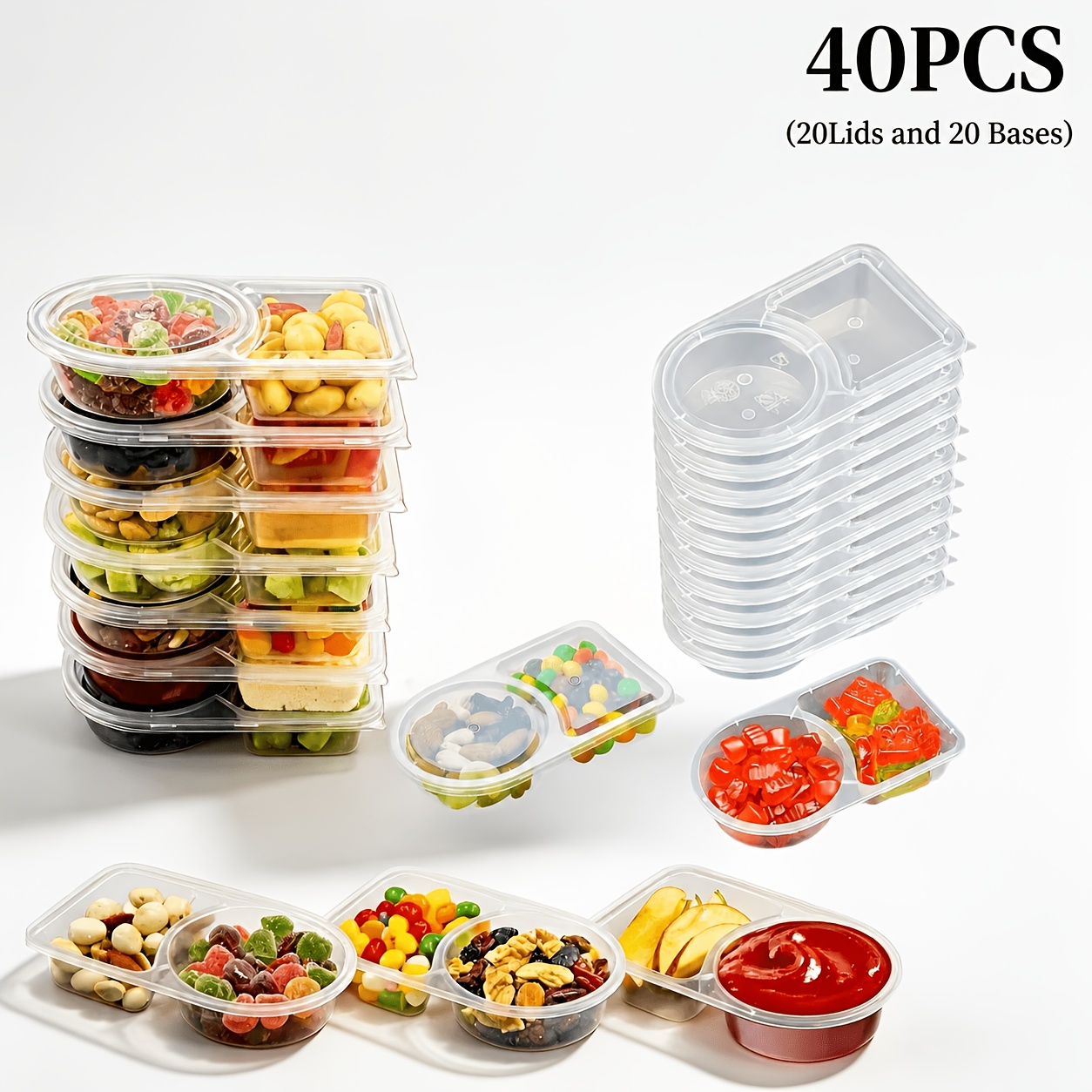 TEMU 20/40pcs Set, Includes 10/20 Lids And 10/20 Bases, 2-compartment Snack Containers, Transparent Plastic Material, Leak-proof Lids, Lightweight
