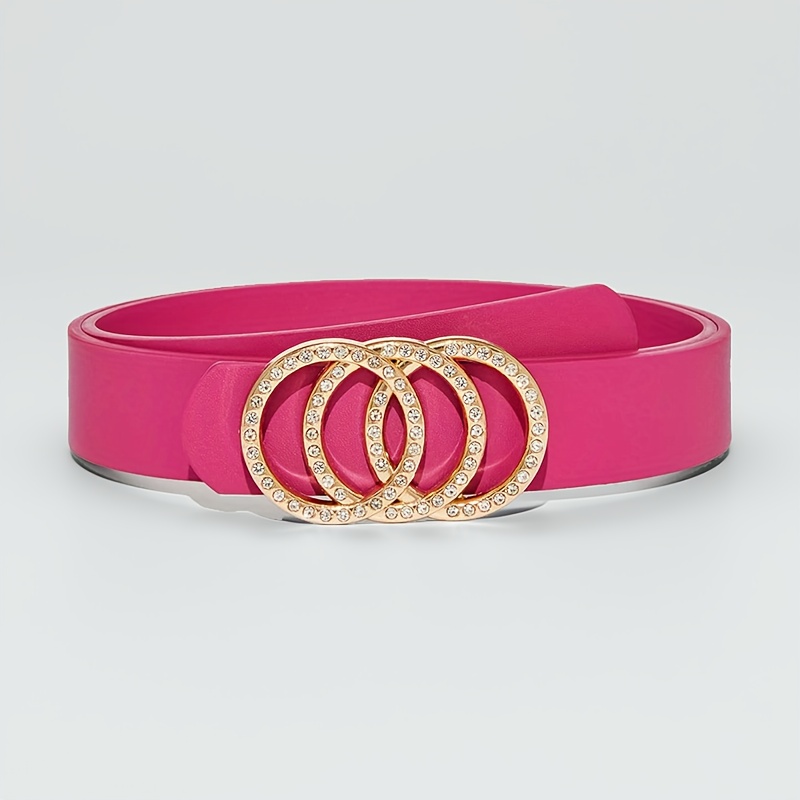 Rose Red Belt with Rhinestone Buckle - Adjustable Waist