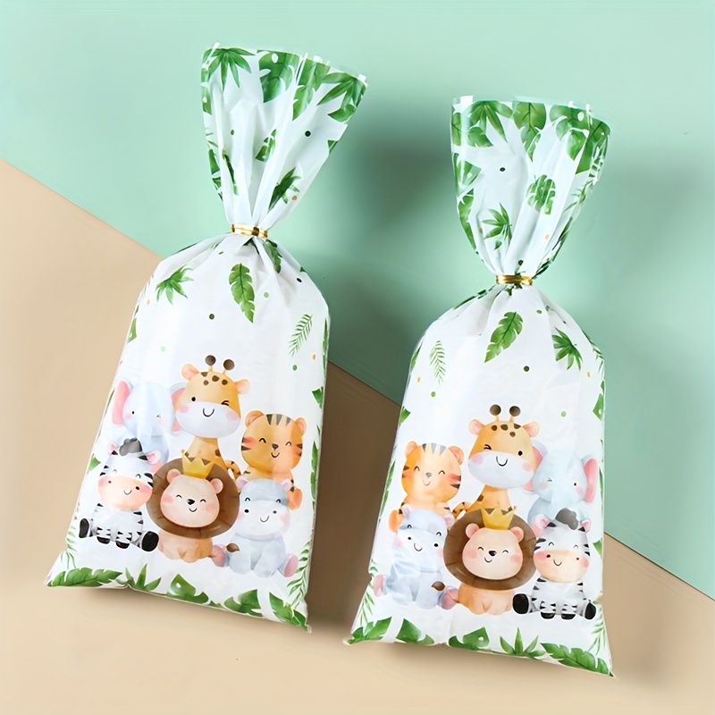 

25/50/100pcs, Jungle Animal Candy Gift Bags Plastic Biscuit Packing Bag, Happy Birthday Party Supplies, Green Forest Wild 1 Jungle Safari 1st Birthday Decor Gifts Bags