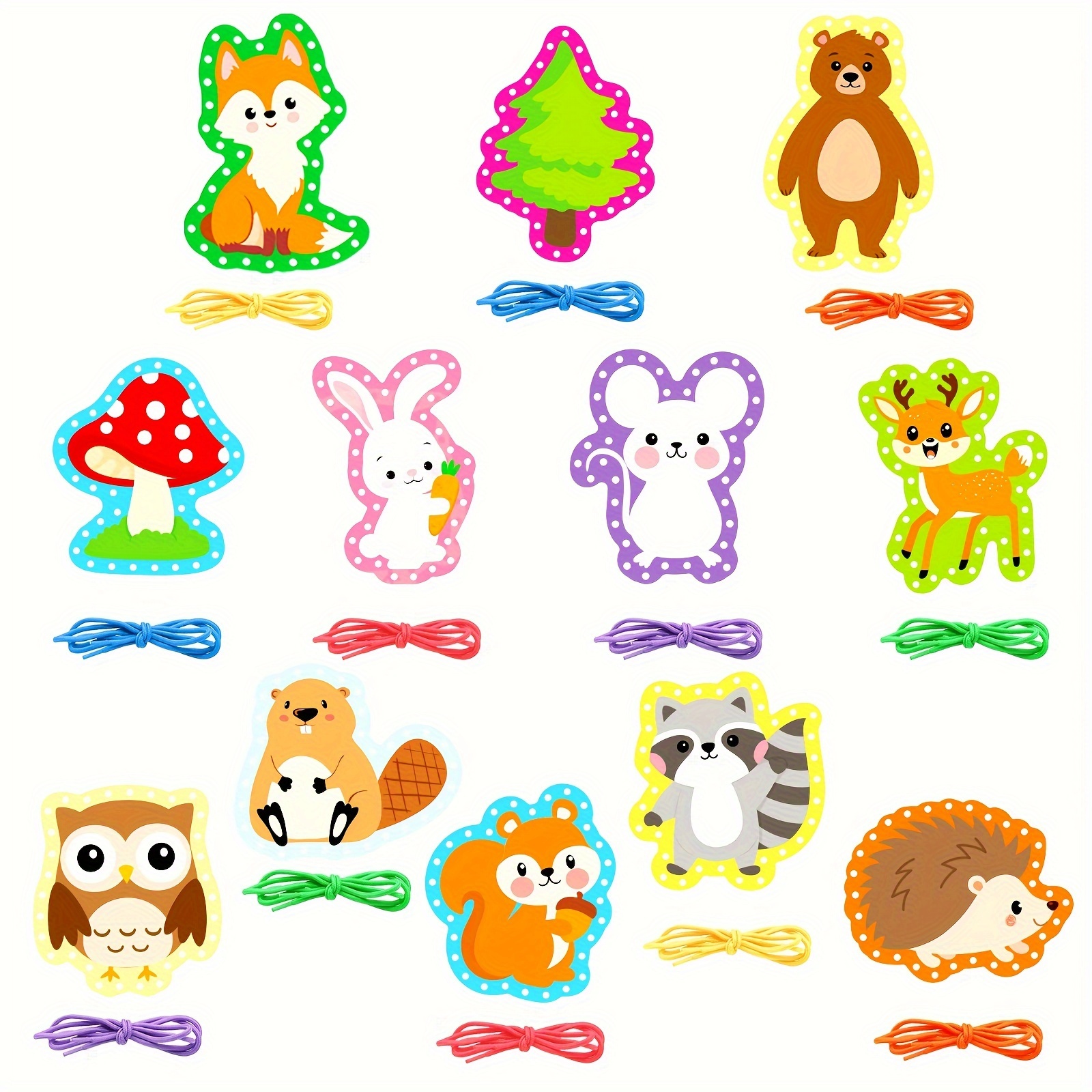 

12pcs Woodland Animal Lacing Cards With Strings - Double-sided Craft Kit For Diy Sewing & Party Decorations, Mixed Colors