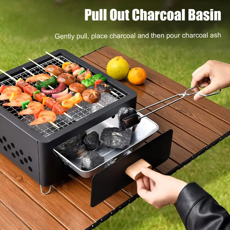 west tune outdoor square charcoal grill with drawer portable multi purpose wooden barbecue stand for camping picnics outdoor activities ideal for grilling iron painted Product details 4