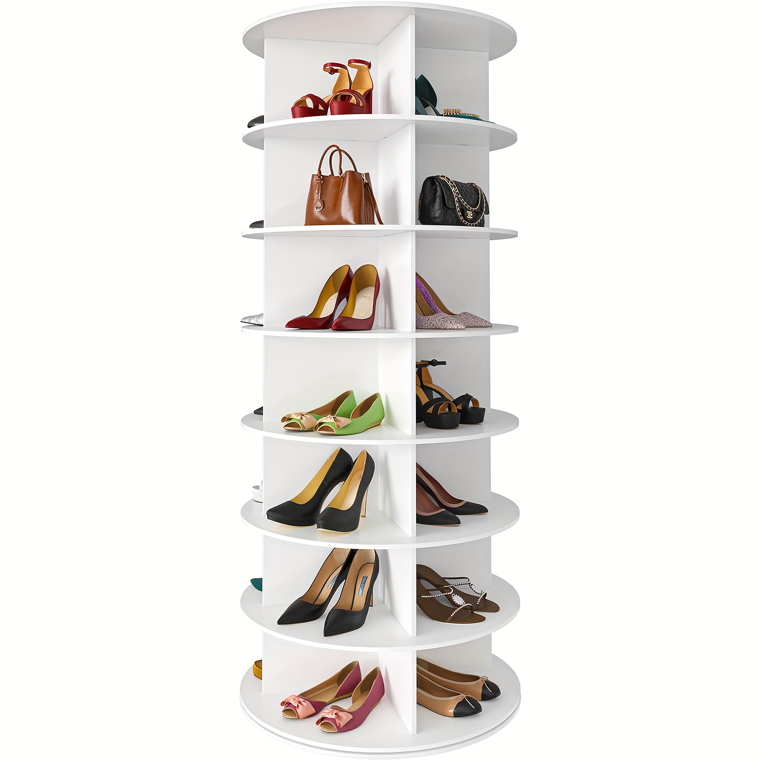 TEMU 7-tier Spinning Shoe Rack, 360° Rotating Shoe Organizer Tower, Vertical Carousel Storage For Shoes And Handbags. White.