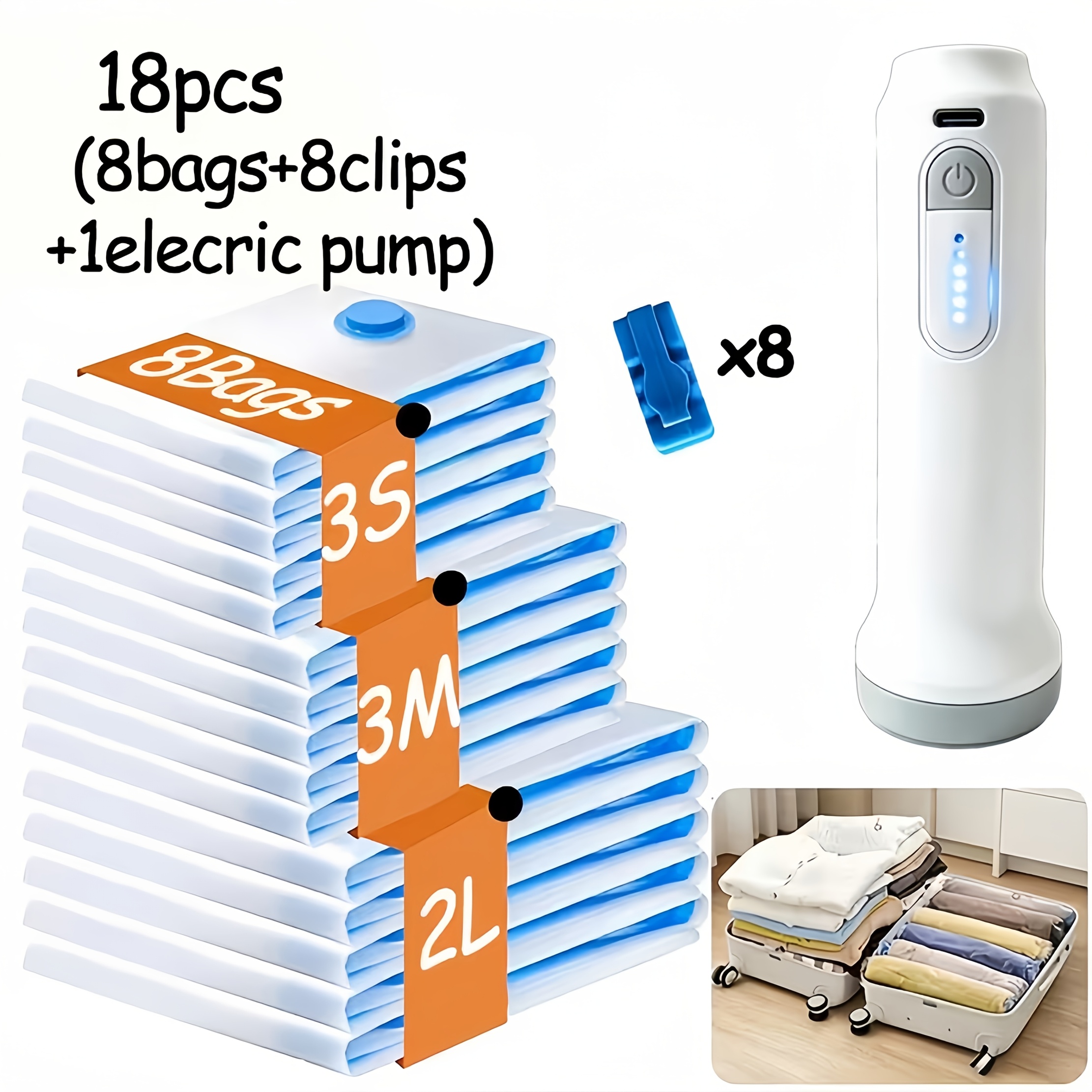 TEMU 18pcs Set (3s 2l 8pcs Clips 1pc Pump) Travel Vacuum Sealer Bag Kit With Rechargeable Wireless Pump | Small, Medium, Large Travel Vacuum Storage
