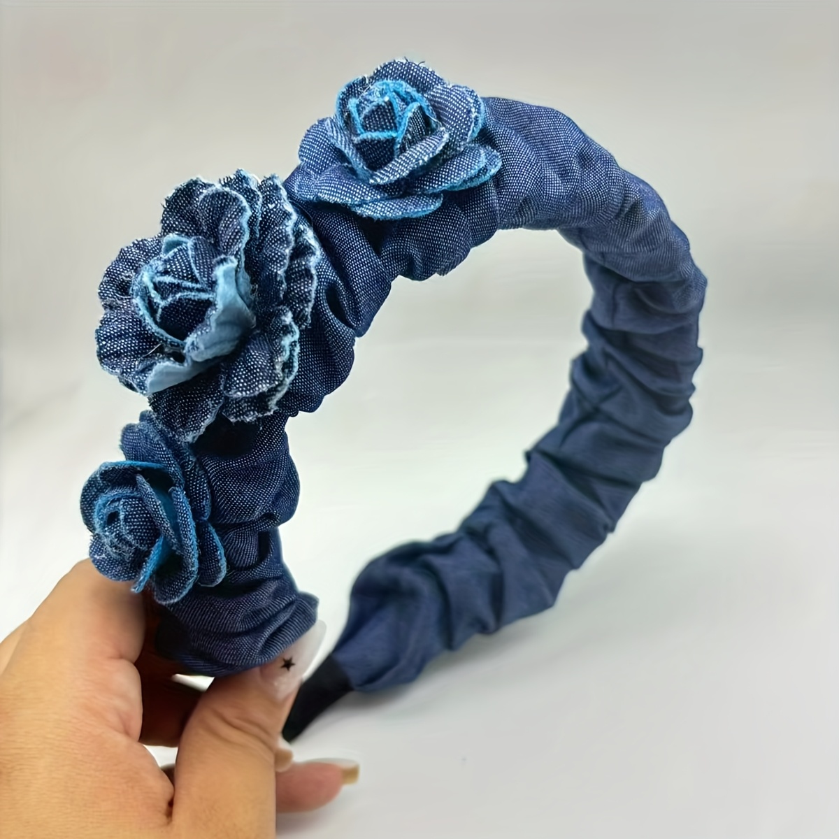 TEMU Vintage 3d Flower Denim Headband For Women, Elegant Pleated Hair Clip Hair Accessory, 1pc