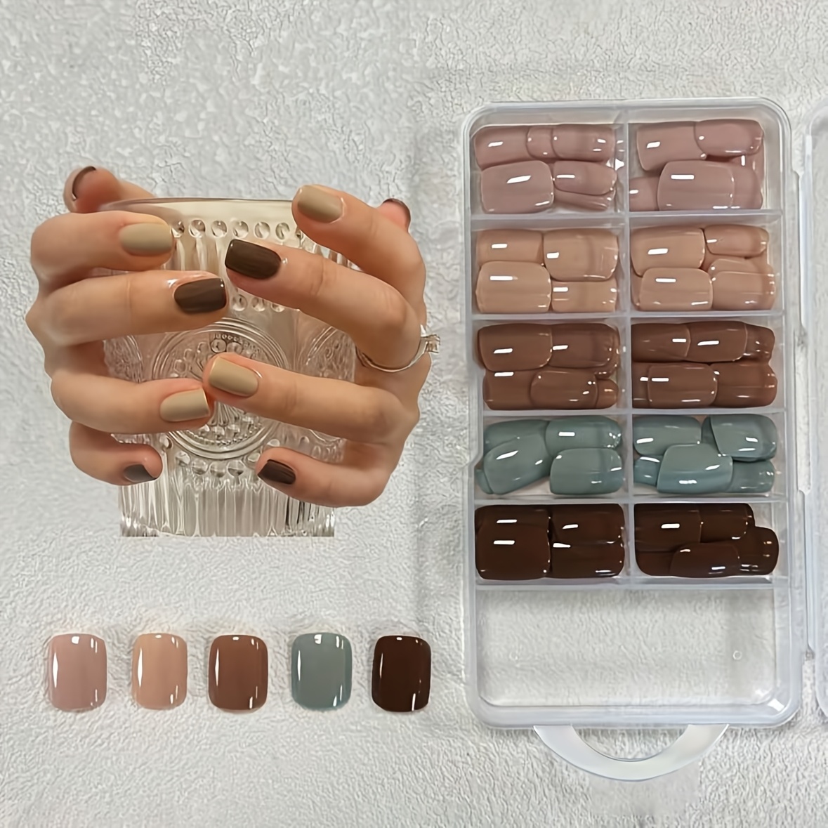 TEMU 120 stuks nepnagels set met opbergdoos, 5 stijlen aardetinten korte vierkante glanzende press-on nagels, herbruikbare volledige kunstnagels voor
