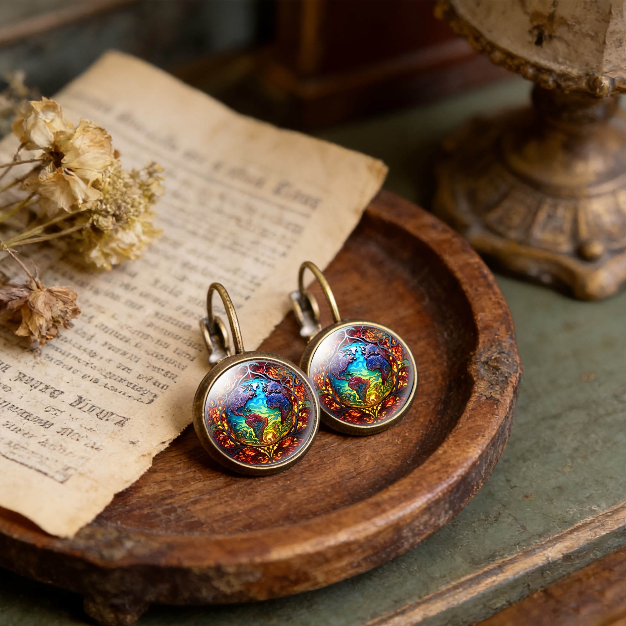 2pc Teal Earth Pattern Pendant Earrings Set