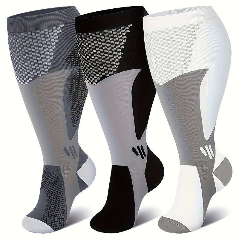 TEMU 3 Pairs Pack, Plus-size Knee-high Socks, Calf-high Socks, (15-30mmhg) Unisex, Graduated Tapered Compression Ideal For Cycling, Rock Climbing And