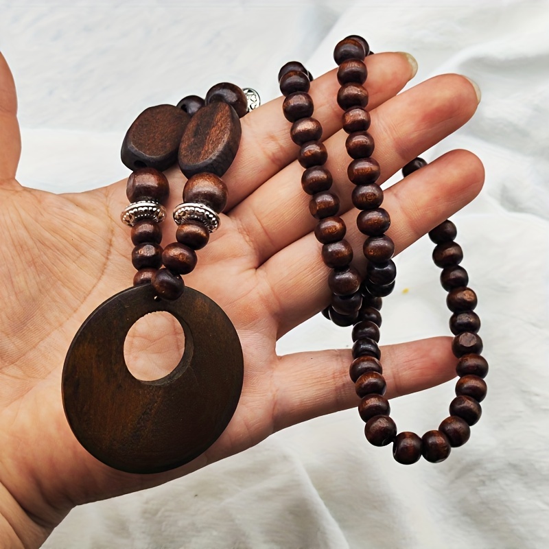 Boho Necklace Long Wooden Bead Necklace Bohemian Style Wooden