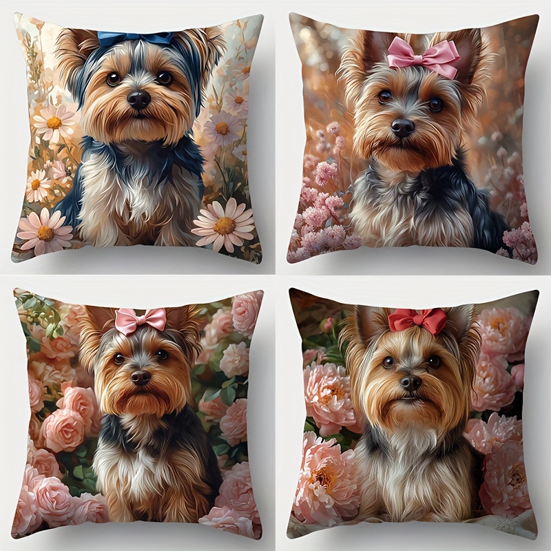 

Contemporary -pack Yorkshire Terrier And Floral Print Throw Pillow Covers 18x18 Inch, Polyester Decorative Pillowcases With Zipper Closure For Sofa And Bedroom - Hand Washable, No Inserts Included