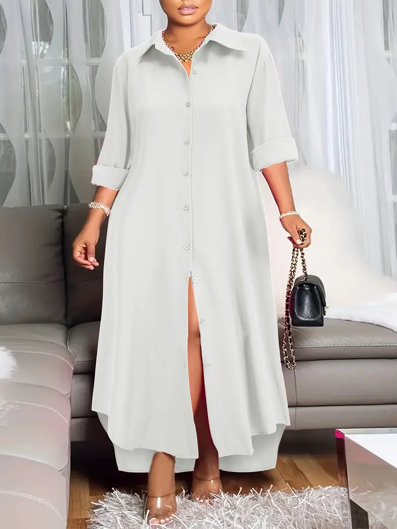 plus size solid button front dress casual collared long sleeve dress womens plus size clothing details 6