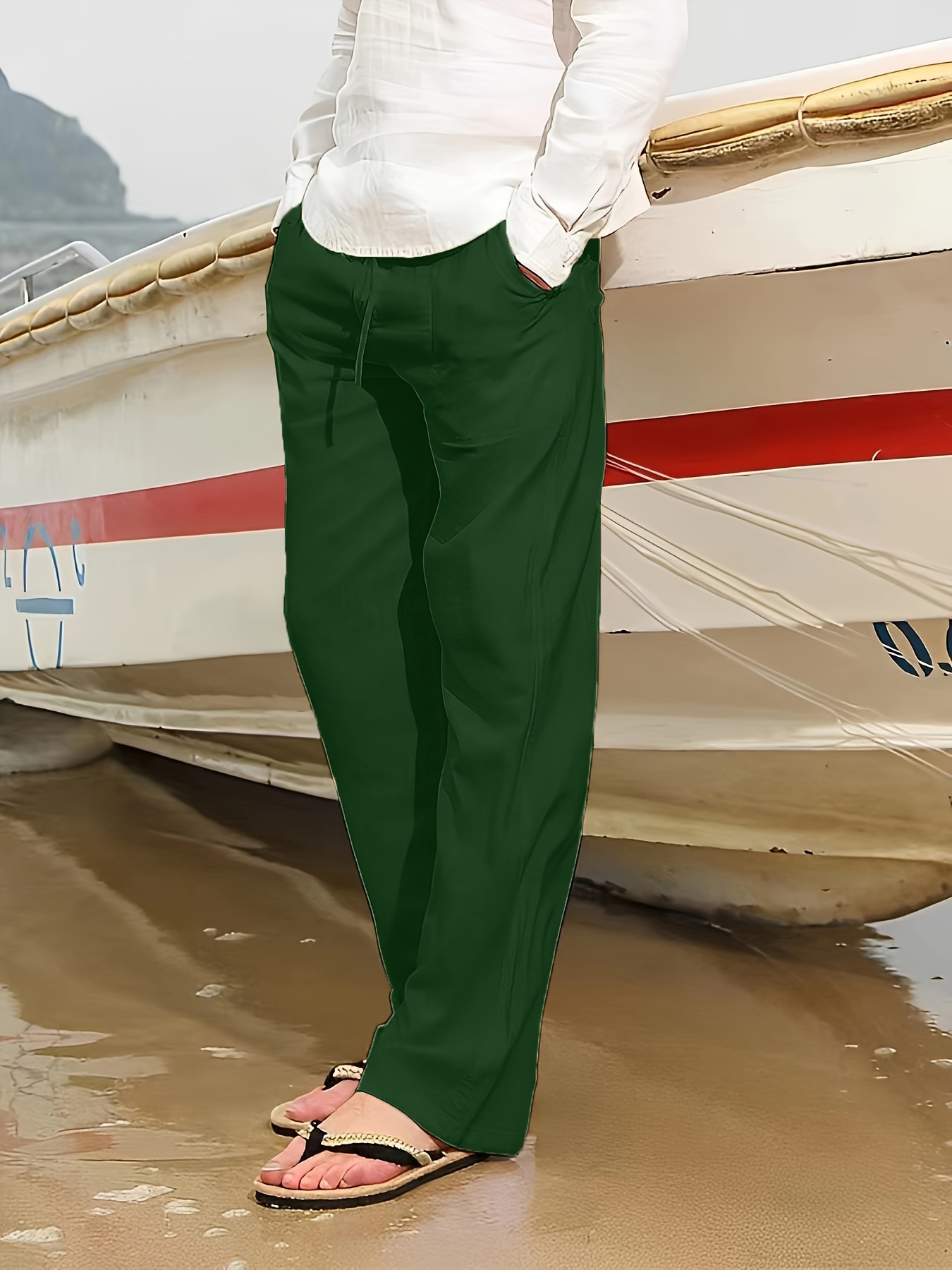 Pantalones Hombre, Pantalón Algodón Lino Verde