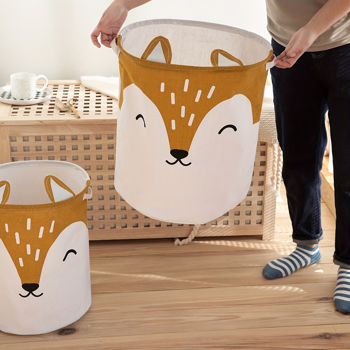 

1pc Large Round Storage Basket, Cute Collapsible Laundry Basket Organizers And Storage Bins, Foldable Dirty Clothes Basket Waterproof Hamper, Canvas Toy Box Decorative Gift Baskets (fox)