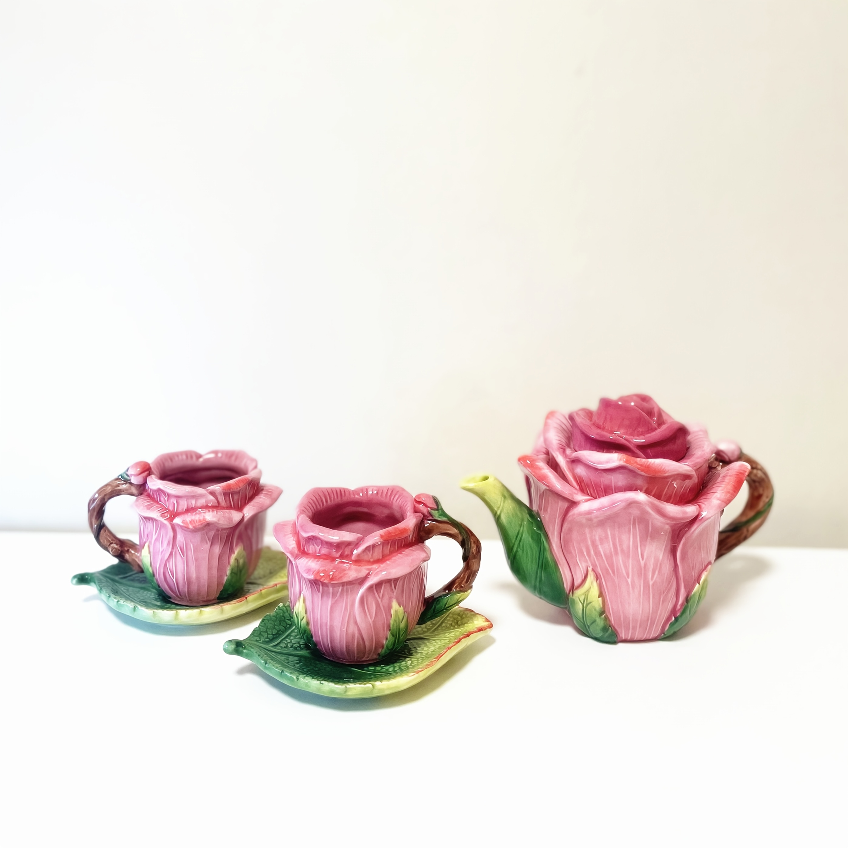 Image of 1 Set 5pcs Hand-painted Floral Teapot Cup Saucer Set, 3.4oz Teacup Coffee Cup, Ceramic Teapot With Lid, Pink Rose Flowers And Green Leaves Desktop Decoration, Women's Gift
