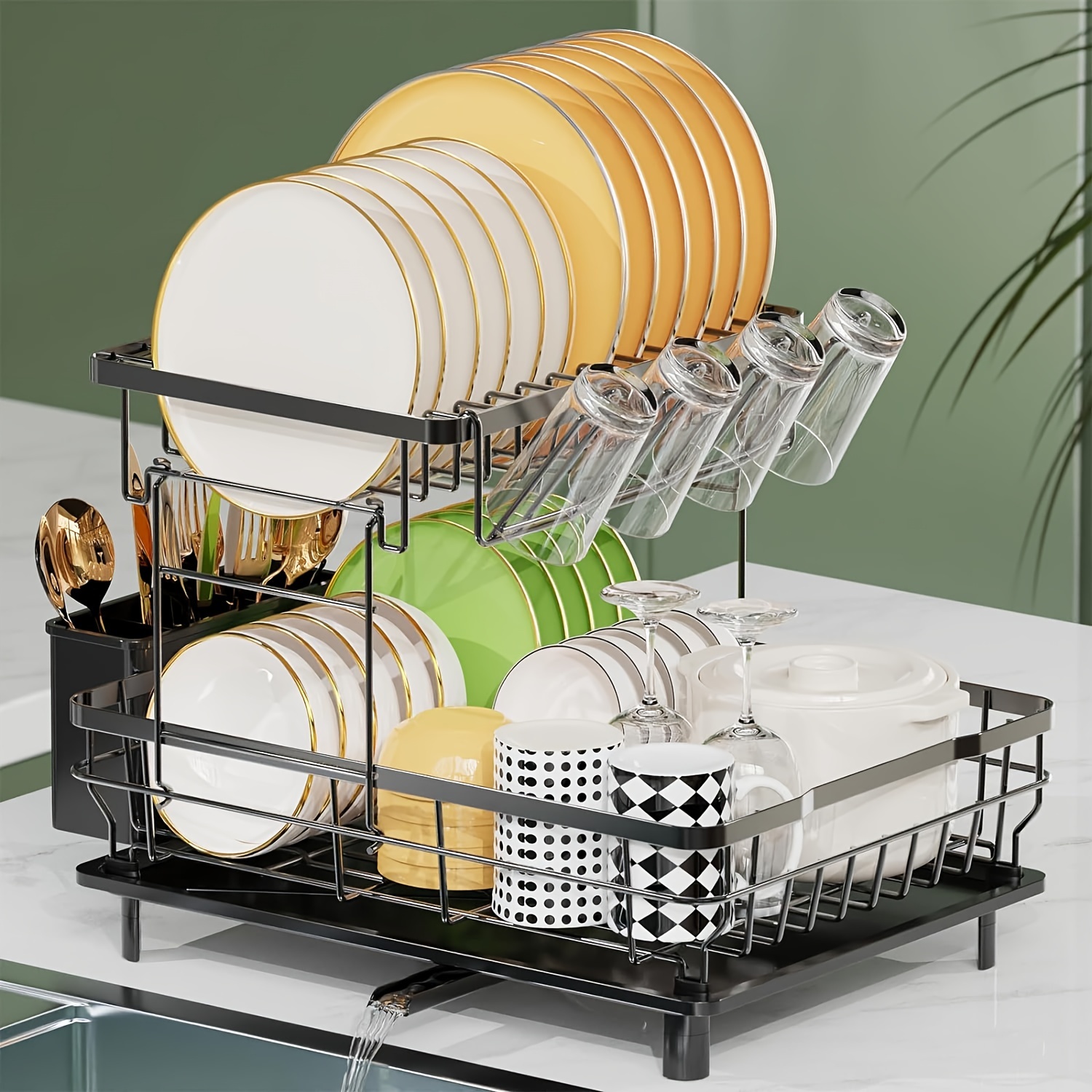 

Multifunctional Dish Drying Rack, Rustproof Kitchen Dish Drying Rack With Drainer Board, Space-saving 2-tier Dish Drying Rack With Utensil Holder And Cup Holder For Kitchen Countertops