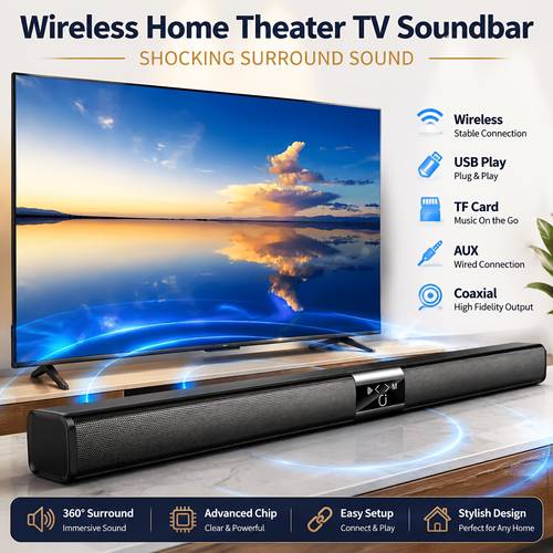 photo de l'article barre de son 3d fil cinéma, haut-parleur tv stéréo, haute qualité, usb/carte tf/coaxial, fil/filaire, avec port usb type-c, batterie lithium rechargeable 18650 (chargeur non ), compatible avec tv, lecteur dvd, lecteur de musique, smartphone, tablette, console de jeu