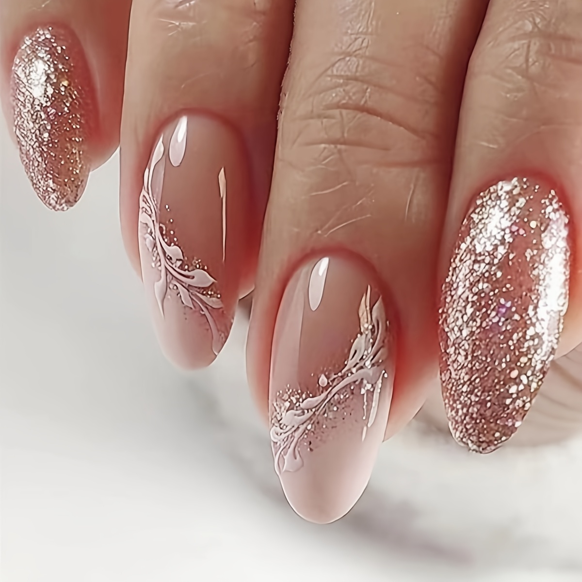 24pcs French Style Beveled Edge Lace Glitter Almond False Nails Detachable Wearable Nails