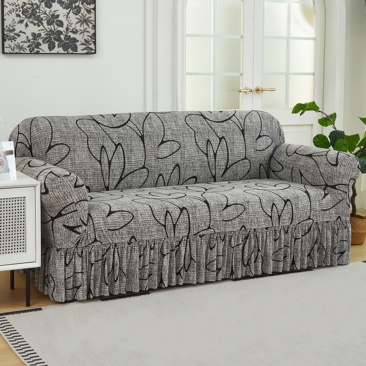TEMU 1 Printed Elastic Skirt Sofa Cover Pet-friendly Anti-scratch And Anti-slip Sofa Cushion Cover, Spring Decor Light Color Sofa Cover Suitable For